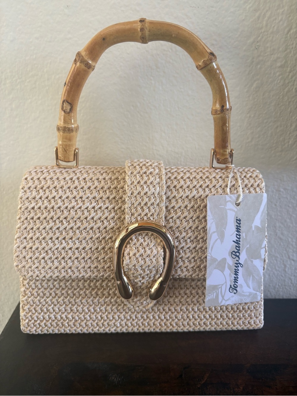 Tommy Bahama Cream Woven Mini Bag with Bamboo Handle and Gold Accent - Picture 2 of 5